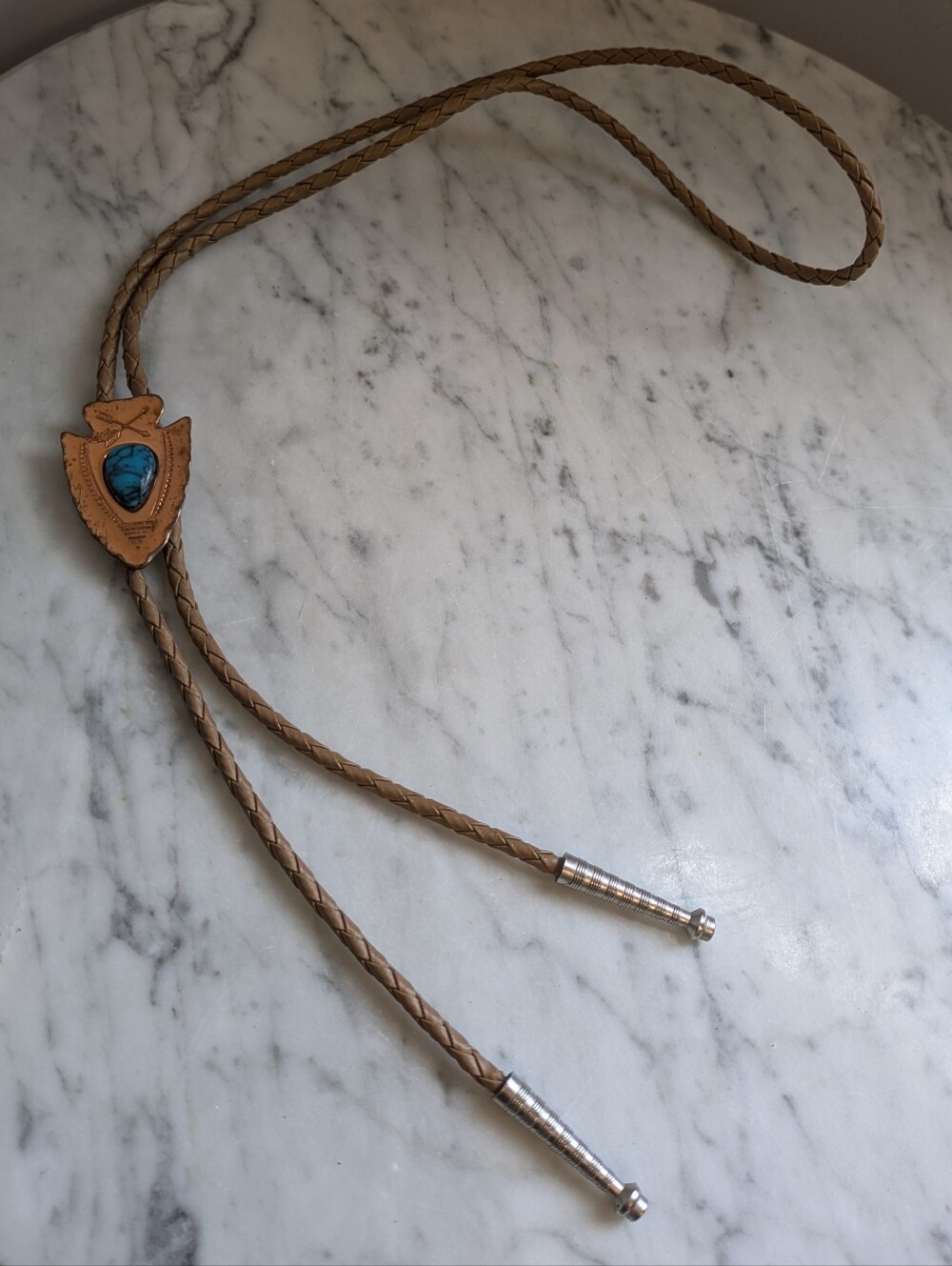 Copper Arrow Head Leather Bolo Tie with Turquoise Stone Accent
